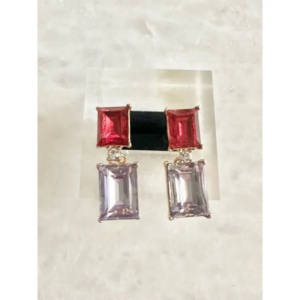 Ruby red and light purple emerald cut earrings